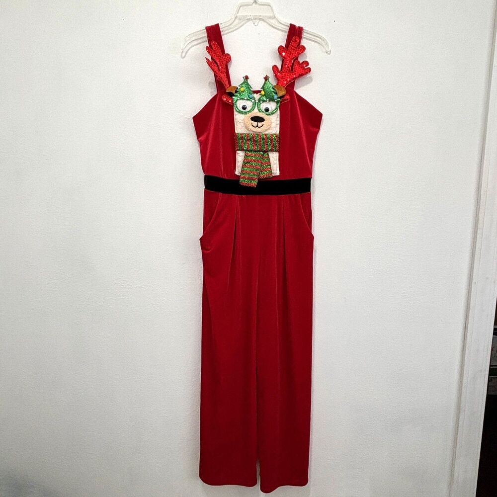 Born Famous Womens Reindeer Christmas Overalls Medium Holiday Office Party
